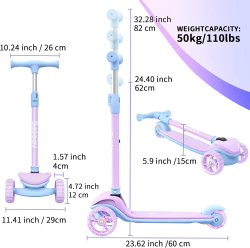 Miniatura 8 de BELEEV Patinete A8 para niños de 3 a 12 años, scooter plegable de 3 ruedas para niños y niñas, ruedas con luz LED, 4 alturas ajustables, inclinación