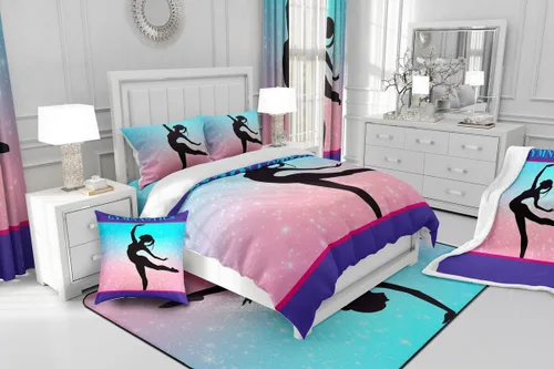 Miniatura 6 de Juego de ropa de cama de gimnasia tamaño Queen para niñas, edredón de cielo estrellado para niños y adolescentes, edredón con temática de danza