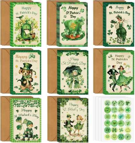 Tellingyou 24 Juegos de Tarjetas del Día de San Patricio Surtidas Retro Tarjetas de Notas de Felicitación en Blanco con Sobres y Calcomanías Retro