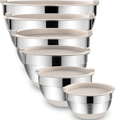 Umite Chef, 6 cuencos para mezclar con tapas herméticas, cuencos de almacenamiento de metal de acero inoxidable de Umite Chef, parte inferior Caqui