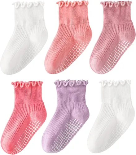 Miniatura 14 de HONGTEYA - 6 pares de calcetines con volantes para niñas, calcetines antideslizantes para bebés con agarre para niñas y niños de 1 a 2 años, 3 a 4