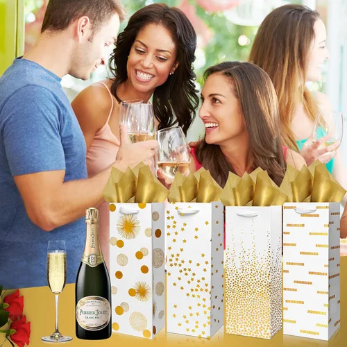 Miniatura 4 de Carnation Bolsas de vino – Paquete de 12 bolsas de regalo para botellas de vino de papel de aluminio dorado para ocasiones especiales