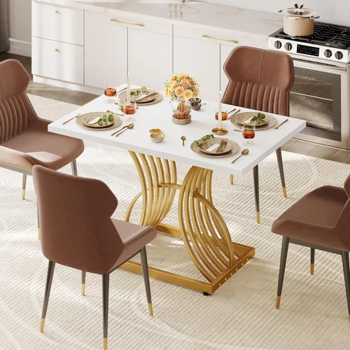 Miniatura 5 de DWVO - Mesa de comedor moderna de 47 pulgadas para 4 personas, mesa rectangular de cocina con superficie blanca y patas geométricas doradas, mesa