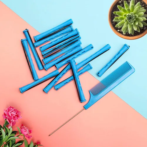 Miniatura 6 de Coolrunner Juego de varillas de permanente, 60 varillas de plástico azul con peine de acero para rizar el cabello, herramientas de peinado