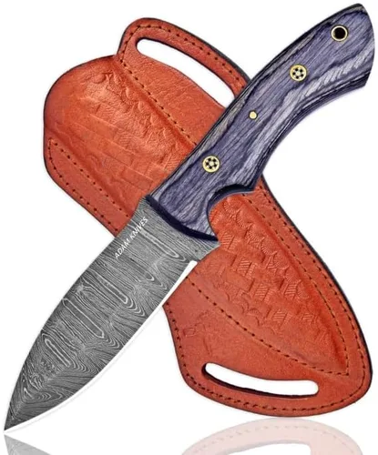Cuchillo de caza de acero de Damasco de hoja fija con funda de cuero, cuchillo de caza de espiga completa de 9 pulgadas con hoja de acero de Damasco