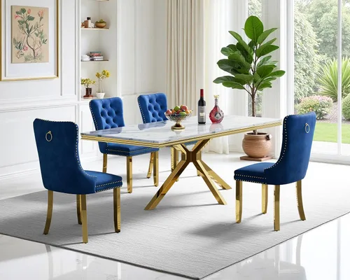 Miniatura 18 de Juego de mesa de comedor de mármol para 6, mesa de cocina rectangular de mármol blanco de 70 pulgadas con patas en X de acero inoxidable dorado