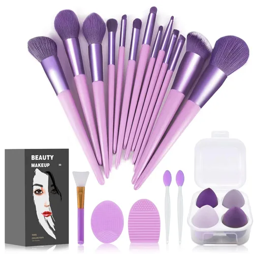 Miniatura 16 de Juego de 22 brochas de maquillaje, incluye brocha para base, brocha para sombras (azul, 22 piezas)