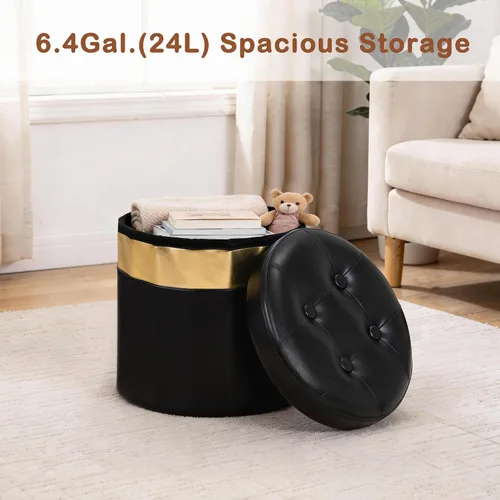 Miniatura 2 de Xuperbonus Otomana Pequeña con Almacenamiento, Otomana Redonda Plegable con Borde Dorado, Taburete de Almacenamiento de Terciopelo, Taburete