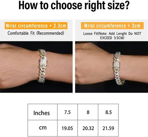 Miniatura 5 de Pulsera de eslabones cubanos de 0.394 pulgadas y 0.472 pulgadas para hombres y mujeres, chapado en platino de 14 quilates, pulseras de hip hop
