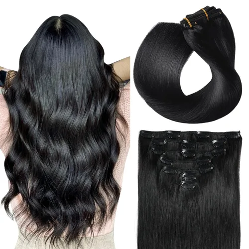 SUYYA Extensiones de cabello humano real con pinzas, 7 piezas de extensiones de cabello humano Remy liso con clip, para mujer, doble trama, 12 #1