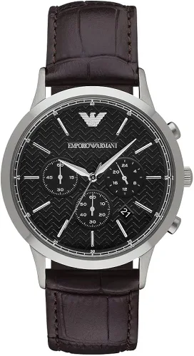 Emporio Armani Reloj de vestir de acero inoxidable para hombre con movimiento de cuarzo, Cronógrafo de cuero plateado y marrón, Movimiento de cuarzo