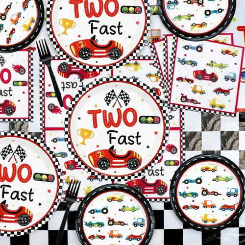 Miniatura 7 de 81 piezas de decoraciones para fiesta de segundo cumpleaños Two Fast Race Car - Platos de autos de carreras, servilletas, mantel para fiesta