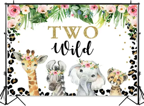 Miniatura 5 de Mocsicka Fondo de dos salvajes para niñas, safari en la selva, animales de 2º cumpleaños, decoración de fiesta de cumpleaños floral, fondo de fotos