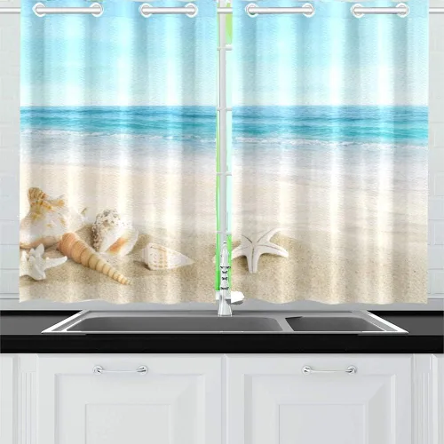 Miniatura 6 de ALALAL Cortinas de baño de playa, cortinas de cocina con diseño tropical de estrella de mar y conchas de mar, cortina de privacidad con ojales