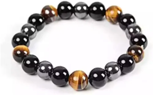 Miniatura 3 de InfinityAK - Pulsera elástica con cuentas de hematita y ojo de tigre de obsidiana negra