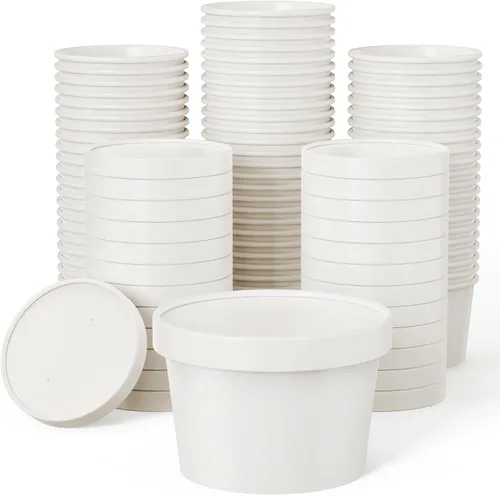 JOLLY PARTY Paquete de 50 recipientes de papel de 8 onzas con tapas, vasos de papel desechables para alimentos, tazas de helado, almacenamiento de