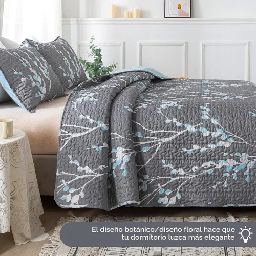 Miniatura 2 de Andency Edredón tamaño King gris azul (106 x 96 pulgadas), juego de ropa de cama ligero floral de 3 piezas, colcha acolchada de microfibra
