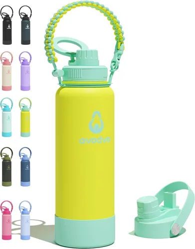 Miniatura 23 de Botella de agua aislada de 18 onzas con 2 tapas (tapa de popote y boquilla 2 en 1, tapa magnética), botella de agua delgada con correa, botella