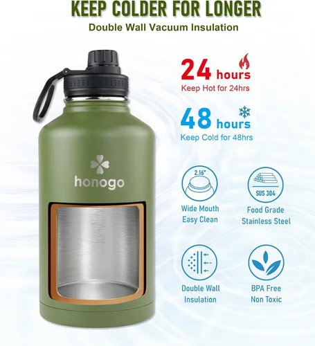 Miniatura 2 de Botella de agua aislada de 64 onzas con tapa de popote y tapa de boquilla, jarra de agua de medio galón de acero inoxidable con mango de paracord