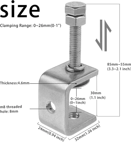 Miniatura 2 de Paquete de 6 abrazaderas pequeñas en C de acero inoxidable 304 de 1 pulgada Mini abrazaderas en C resistentes para carpintería y montaje
