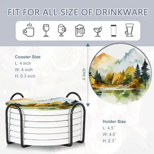 Miniatura 2 de Juego de 6 posavasos de mesa para bebidas, posavasos redondos de cerámica de acuarela bosque nebuloso, con base de corcho y soporte de metal, Bosque