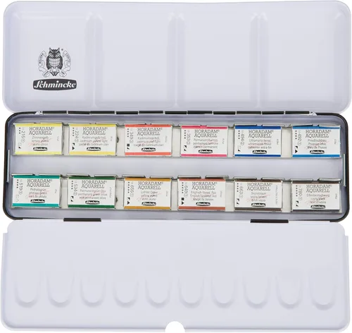 Schmincke - Caja de color HORADAM AQUARELL con 12 mejores acuarelas, 74312097, caja de metal, juego de pintura, 12 x 1/1 sartenes