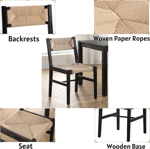 Miniatura 3 de BESTANO Juego de 2 sillas de comedor de ratán tejido, sillas de comedor bohemias de mimbre estilo granja, silla de comedor de caña de madera negra