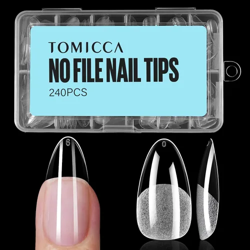 Miniatura 27 de TOMICCA Puntas de uñas de almendra extra cortas, 240 unidades, 15 tamaños, puntas de uñas de gel transparente preformadas, no necesita lima, uñas