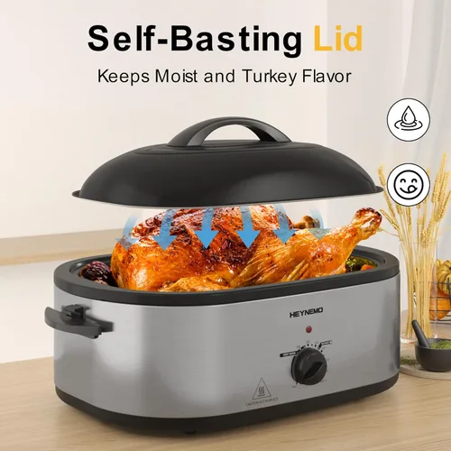Miniatura 2 de Horno asador eléctrico de 22 cuartos de galón, asador de pavo con diseño de tapa que se baña automáticamente, horno asador eléctrico grande de acero
