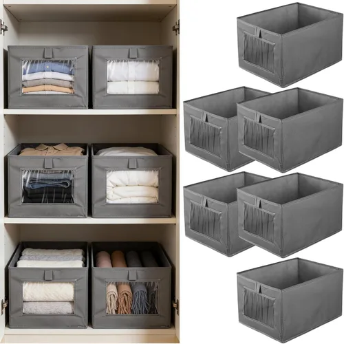 Miniatura 8 de 6 contenedores de almacenamiento de lino con ventana transparente, cesta para estantes, organizador de ropa, contenedores de almacenamiento