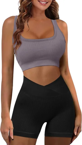Miniatura 2 de JZC Conjuntos de entrenamiento para mujer, 2 piezas, acanalados, sin costuras, pantalones cortos de cintura alta, trajes de yoga