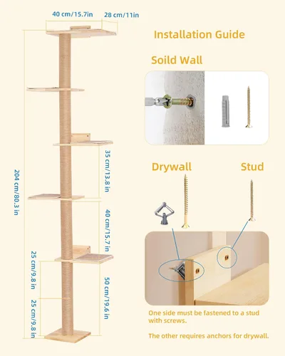 Miniatura 6 de Aechonow Árbol para Gatos de Pared de 80 Pulgadas de Alto, Cama Percha Superior de 15.8 Pulgadas para Gatos Adultos Grandes, Torre Ajustable