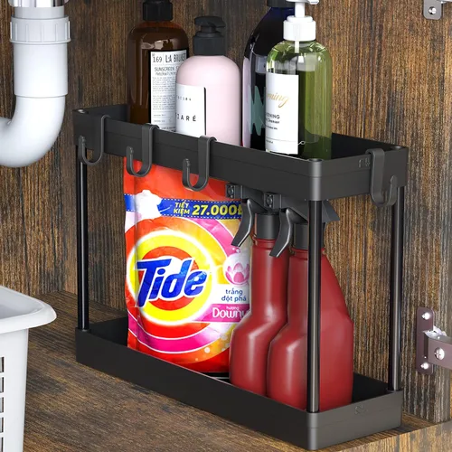 Miniatura 2 de Simple Houseware Bandeja organizadora de 2 niveles para debajo del fregadero con ganchos, color negro