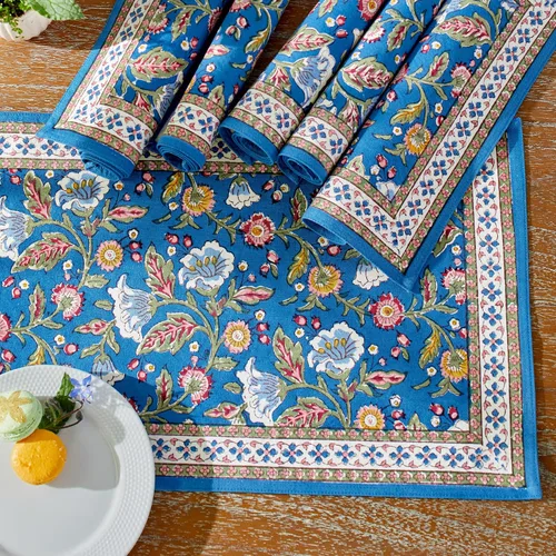 Miniatura 5 de Saffron Marigold Juego de 6 manteles individuales de tela azul, 100% algodón de calidad, tapete de cocina antideslizante para mesa de comedor