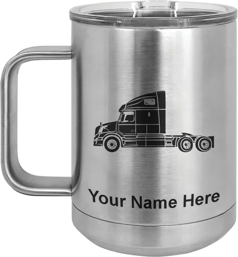 Miniatura 50 de LaserGram Taza de café aislada al vacío de 15 onzas, cabina de camión, grabado personalizado incluido (negro)