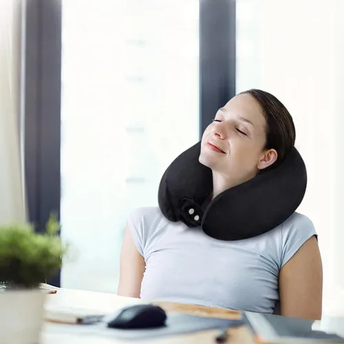 Miniatura 7 de Almohada de cuello de espuma viscoelástica para el cuello de avión con funda de terciopelo, almohada suave de avión para dormir, almohada de viaje