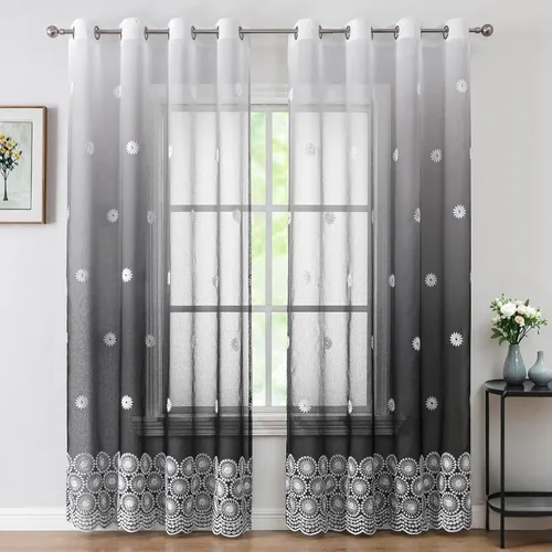 WUBODTI Black Ombre Sheer Curtains 84 Inch Length 2 Panels - Gradient Grey White to Black Semi Sheer Curtains with Embroidery, Light Filtering