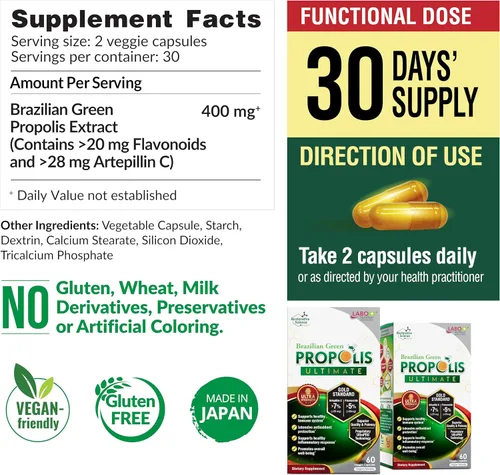 Miniatura 2 de LABO Nutrition Propóleos verdes brasileños Ultimate – Contiene > 7% o 28 mg por porción de Artepillina C y >5% de flavonoides, para apoyo