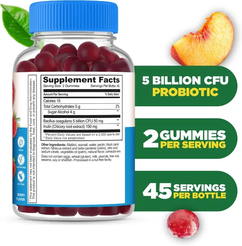 Miniatura 2 de Lifeable Probióticos sin azúcar con fibra prebiótica, suplemento de gomitas de sabor natural de gran sabor, masticable apto para dieta cetogénica