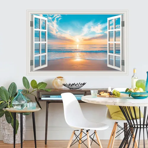 Miniatura 7 de Calcomanía de pared falsa para ventana, atardecer de verano, paisaje marino, océano, playa, póster de ventana falsa para decoración de pared