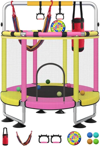 Miniatura 10 de Trampolín para niños, cama elástica completa antioxidante de 440 libras para interiores y exteriores con red, trampolín ajustable de 55 pulgadas