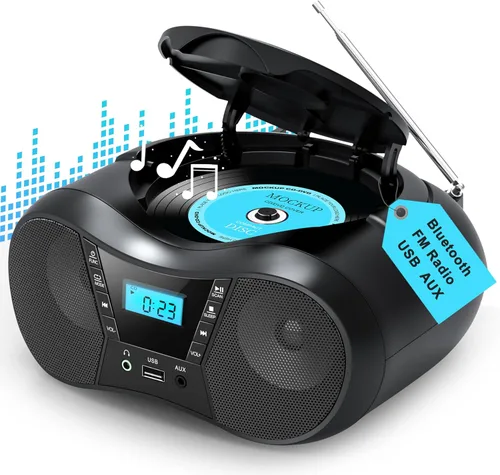 Greadio Boombox Reproductor de CD portátil para el hogar con Bluetooth, Combo de Reproductor de CD Boom Box y Radio FM, Sonido Estéreo, Alimentado