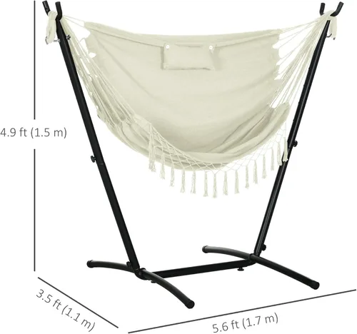 Miniatura 7 de Outsunny Silla hamaca de patio con soporte, hamaca para exteriores con bolsillo lateral y reposacabezas, color blanco crema