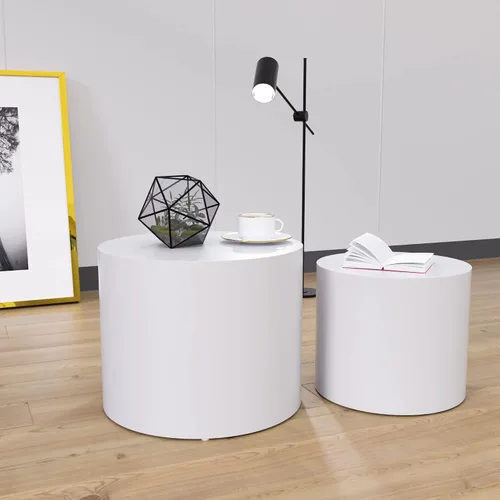 Miniatura 5 de KEVINSPACE Juego de 2 mesas auxiliares anidadas, modernas mesas de centro circulares para espacios pequeños, mesa auxiliar de madera blanca