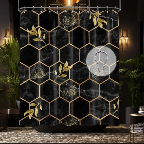 Cortina de ducha negra y dorada moderna geométrica abstracta para hombre, juego de decoración de baño, tela impermeable con gancho, 36 x 72 pulgadas