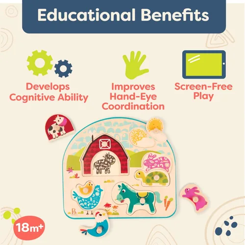 Miniatura 3 de B. toys Rompecabezas de clavijas de madera - Rompecabezas de clavijas de animales para niños pequeños, niños - 8 piezas gruesas - 18+ meses - Animal