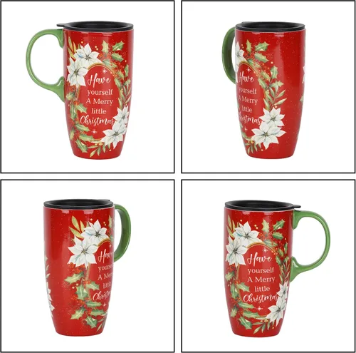 Miniatura 5 de Topadorn Taza de café de cerámica de 17 onzas con tapa y caja de regalo, taza de té de porcelana roja festiva, apta para microondas y lavavajillas