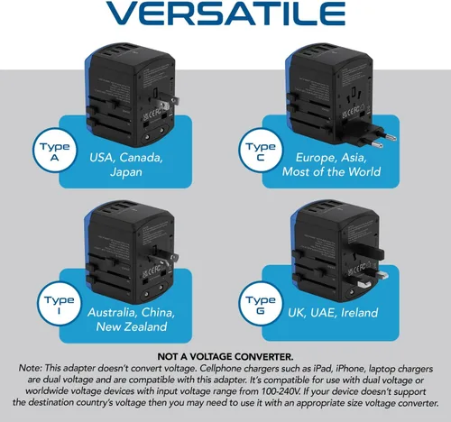 Miniatura 5 de Ceptics Adaptador de viaje universal, cargador universal 5 en 1 para laptop con 2 puertos USB-A y USB-C 3.5A para móviles, portátiles, cámaras