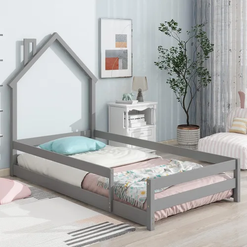 Cama de suelo de tamaño individual con cabecera en forma de casa, cama individual de madera para niños con rieles, cama de piso individual con
