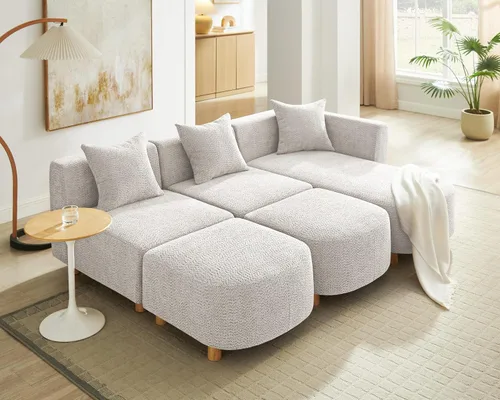 Miniatura 8 de VANOMi 279 cm Sofá modular seccional con 3 almohadas, cómodo sofá de chenilla en nube convertible de 5 plazas con reposapiés, sofás seccional